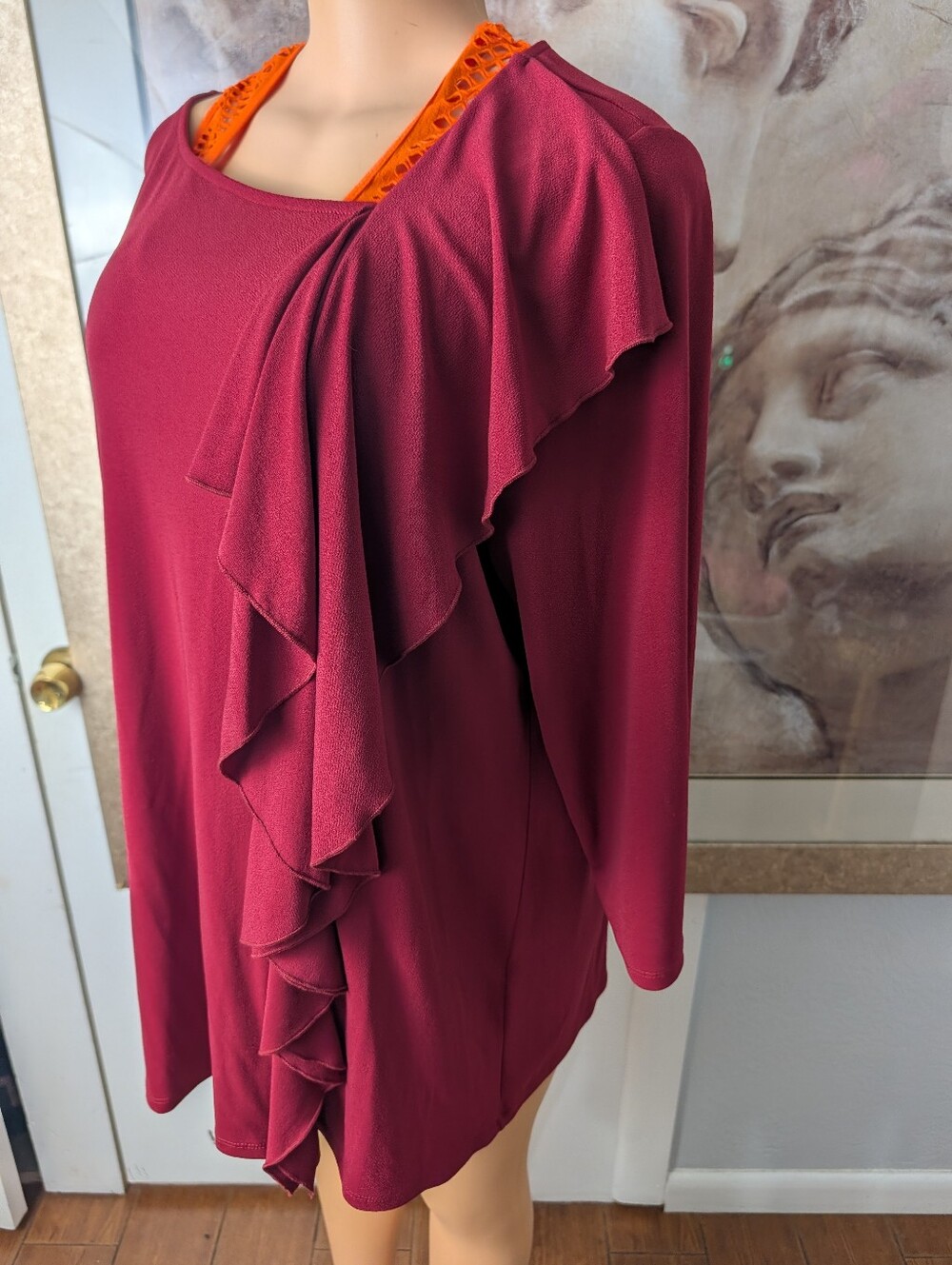 Kate & Mallory Asymmetrical Ruffle Front Tunic Top - Burgundy/Merlot (Size 1X)